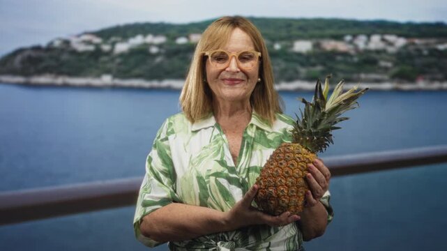 Woman holds pineapple and smiles on balcony of building, wearing leaf print shirt and eyeglasses, middleaged senior hispanic with visible hands; holiday joy.