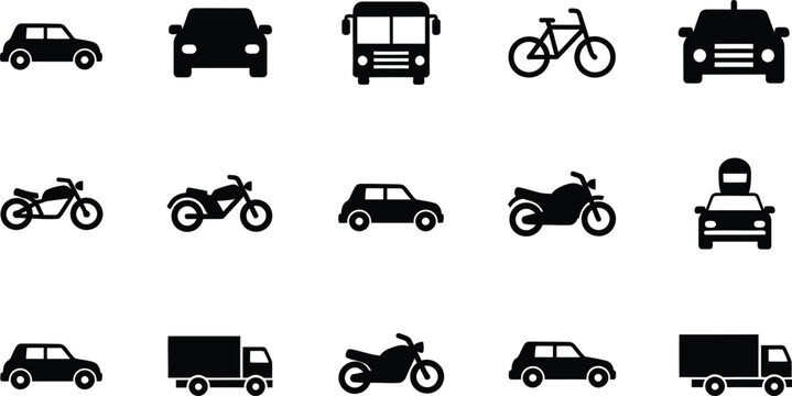 Comprehensive set of flat vehicle icons illustrating diverse transportation modes for digital interfaces and graphic projects