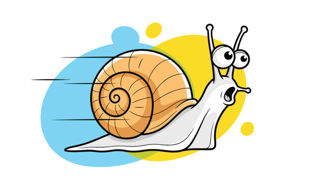 Funny cartoon snail moving at high speed with its shell trailing wind lines and a very surprised expression on its face.