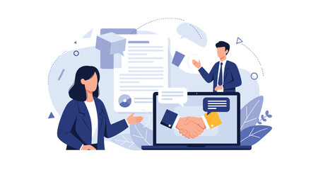 Fototapeta premium Business professionals finalize a deal through a virtual handshake on a laptop screen symbolizing successful digital contracts and agreements.