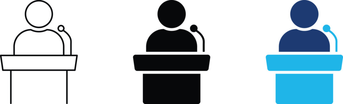 Public speaker icon showing professional presentation at podium for corporate events. Professional illustration for keynote speeches, academic lectures, business seminars, and conference leadership.