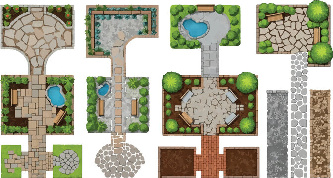 Landscape design garden plan elements, top view vector set of patio stone paths and ponds, backyard architectural landscaping layout symbols