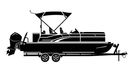 Pontoon boat with trailer silhouette on white background. © Minato
