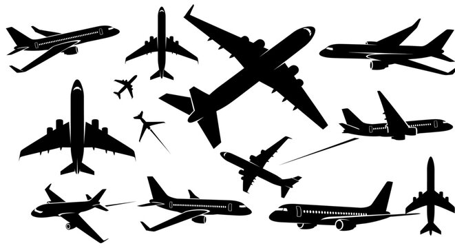 Collection of various airplane silhouettes in different flight positions, showcasing the diversity of aircraft in the sky.