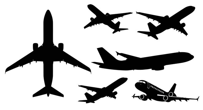 Collection of various airplane silhouettes in different orientations.