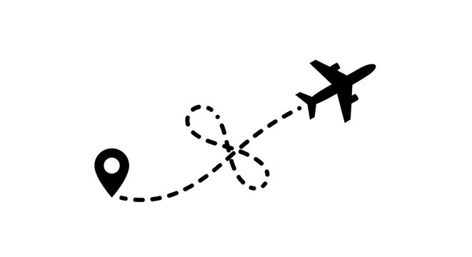 Airplane travel route with destination pin icon.