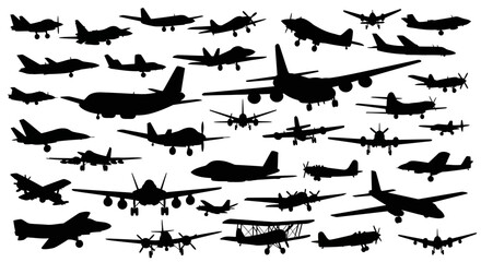 Collection of various airplane silhouettes on a white background. © Gina