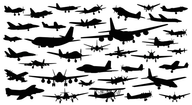 Collection of various airplane silhouettes on a white background.