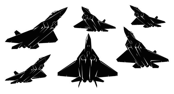 Set of modern fighter jet silhouettes in various flight positions.