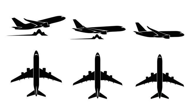 Set of six airplane silhouettes in various views.