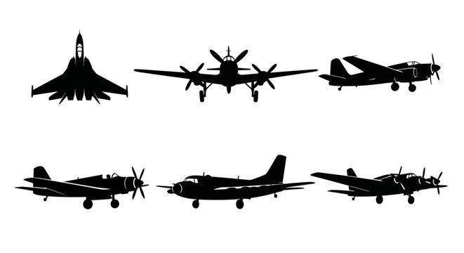 Collection of various airplane silhouettes on a white background, showcasing different types of aircraft from fighter jets to propeller planes.
