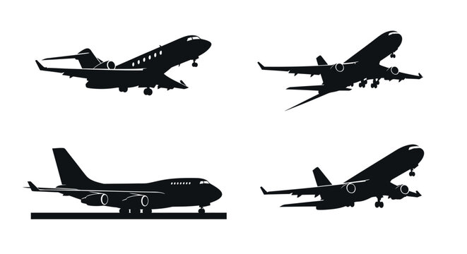 Set of various airplane silhouettes in different flight stages.