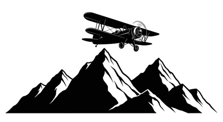 Biplane flying over majestic mountains in a classic black and white illustration. © Joko