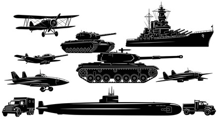 Collection of various military vehicles and transport in silhouette. © Gina