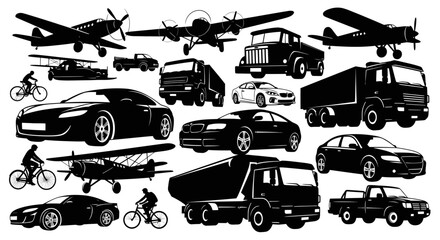 Collection of various transportation vehicles in silhouette. © Gina