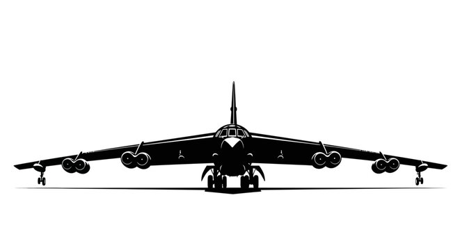 B-52 Stratofortress bomber aircraft front view isolated on white background.
