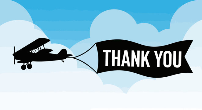 Biplane flying across blue sky pulling a thank you banner.