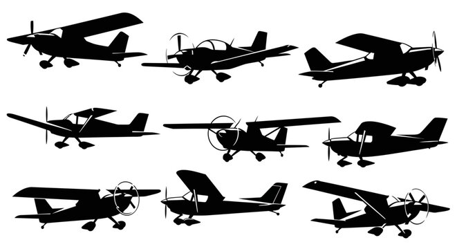 Collection of various small propeller planes in silhouette against a white background.