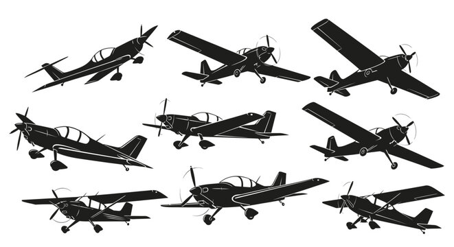 Collection of various small propeller planes in flight and on the ground.
