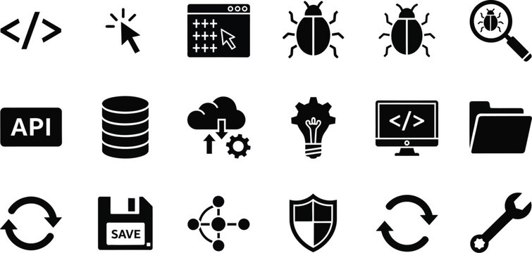 Essential vector icons illustrating programming, cybersecurity, data management, and web development processes for digital solutions
