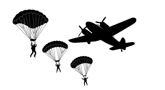 Silhouettes of paratroopers descending from a vintage airplane.