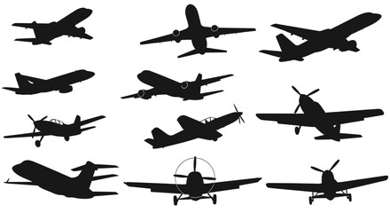 Collection of diverse airplane silhouettes in various flight positions. © Joko