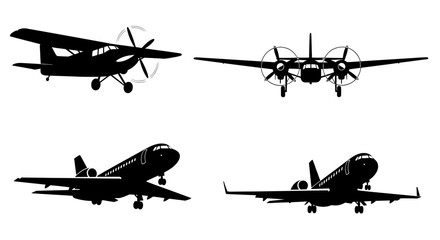 Silhouettes of various propeller airplanes in different flight configurations. © nia