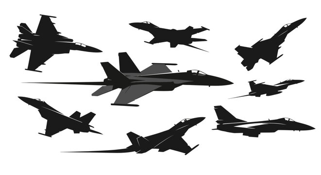 Collection of Fighter Jet Silhouettes in Various Dynamic Poses.