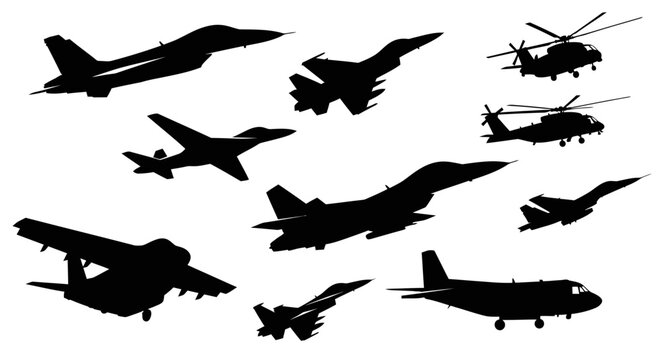 Silhouettes of various military aircraft and helicopters in flight.