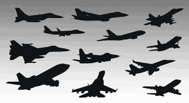 Silhouettes of various military fighter jets and aircraft in flight.