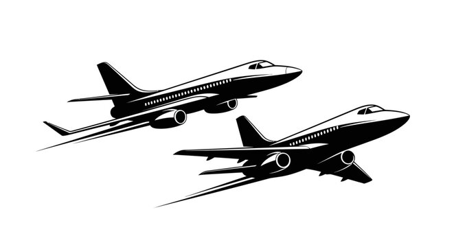 Two airplanes flying in the sky, black and white illustration.