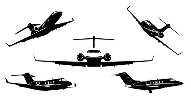 Collection of private jet silhouettes in various flight positions.