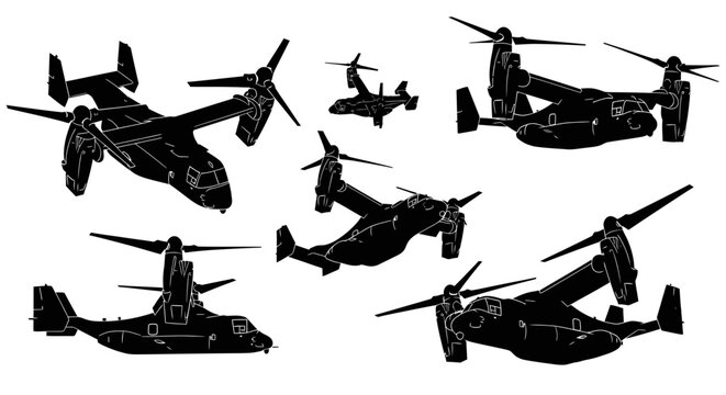 Collection of military tiltrotor aircraft silhouettes in various flight positions.