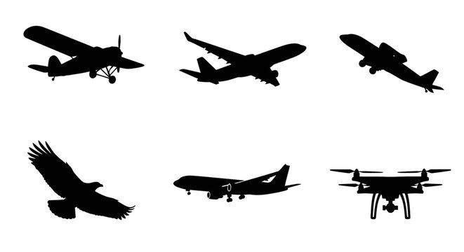 Silhouettes of various flying objects including airplanes, drones, and an eagle.