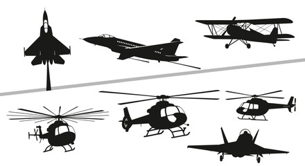Collection of various aircraft silhouettes including jets, biplanes, and helicopters. © Joko