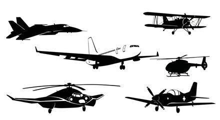 Collection of various aircraft silhouettes including jets, biplanes, helicopters, and propeller planes. © Joko
