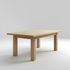 Fototapeta premium A side-profile view of a modern wooden dining table showcasing its long, clean lines and smooth finish. The lighting is bright and even, highlighting the natural grain of the wood.