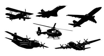 Collection of various aircraft silhouettes including planes and helicopters. © Joko