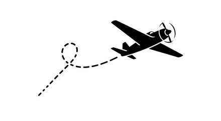 Small airplane flying with a dotted line showing its flight path. © nia