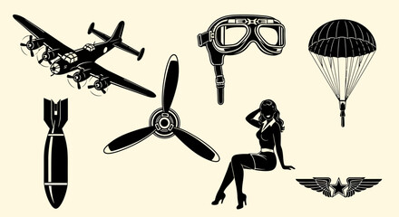 Vintage Aviation Elements Collection with Airplane Pilot Goggles Pin-up Girl Parachute Bomb Propeller Wings. © Selena