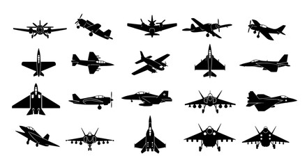 Collection of various aircraft silhouettes on a white background. © Joko