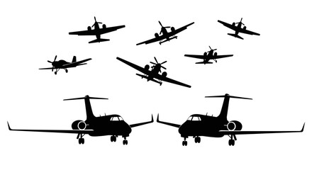 Collection of various aircraft silhouettes including propeller planes and private jets flying in different directions. © Joko