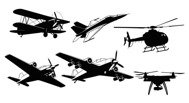 Collection of various aircraft silhouettes including biplane, jet, helicopter, propeller planes, and drone.