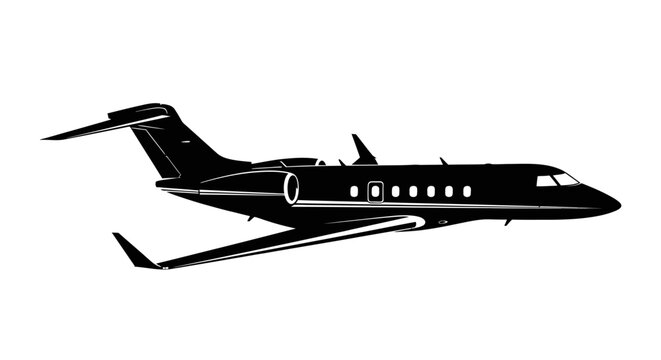Sleek private jet silhouette flying through the sky.