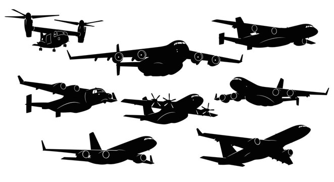 Collection of various aircraft silhouettes, including military transport planes, helicopters, and commercial airliners, isolated on a white background.