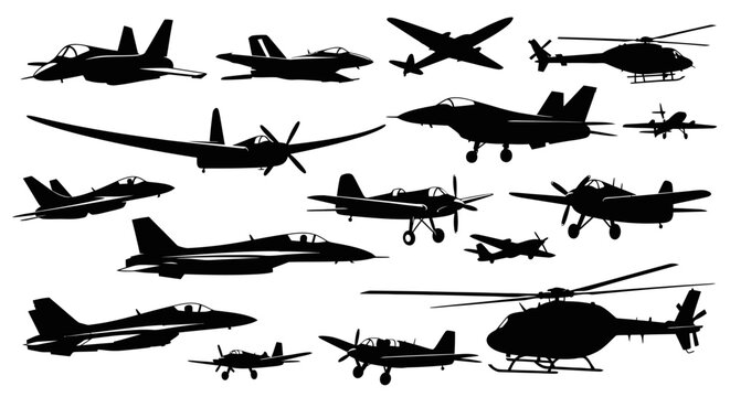 Collection of various aircraft silhouettes including jets, helicopters, and propeller planes.