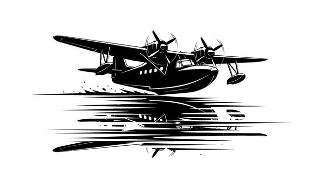 Vintage Seaplane Taking Off from Water Surface in Stylized Black and White Illustration.