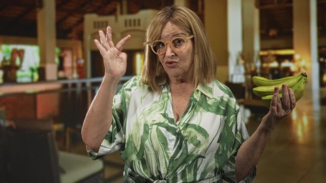 Woman holds a bunch of bananas in her right hand and shows left palm up shrugging gesture in a hotel building lobby; lighthearted bemusement.