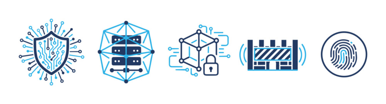 Vector icon set for data protection concepts. Includes cyber security shield, blockchain, encryption lock, firewall, and fingerprint symbols for tech design.