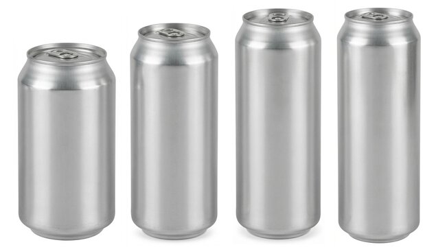 Aluminum cans of different sizes including standard 330ml, tall 500ml, and slim versions for beverage brand mockup designs